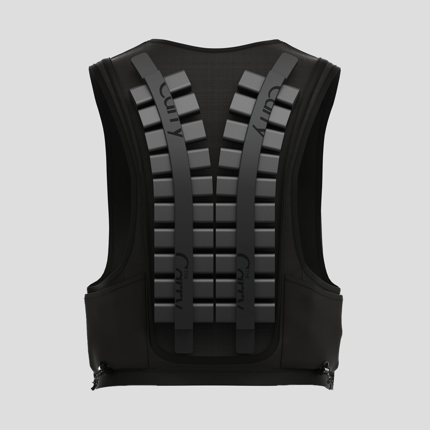 render of The Carry weighted vest in black, showing the back inside pockets loaded with the adjustable weight system