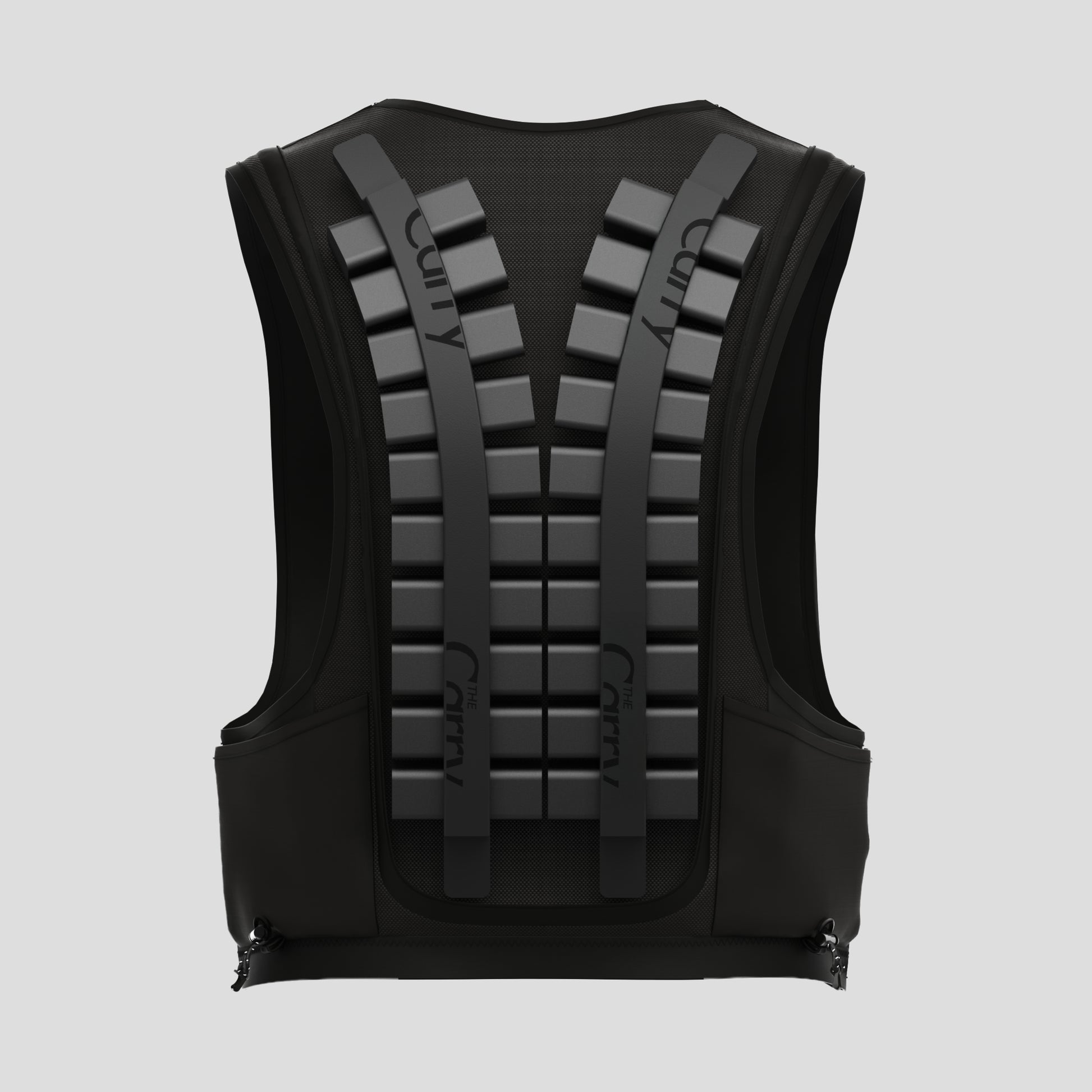 render of The Carry weighted vest in black, showing the back inside pockets loaded with the adjustable weight system