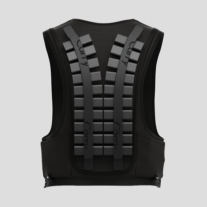 render of The Carry weighted vest in black, showing the back inside pockets loaded with the adjustable weight system