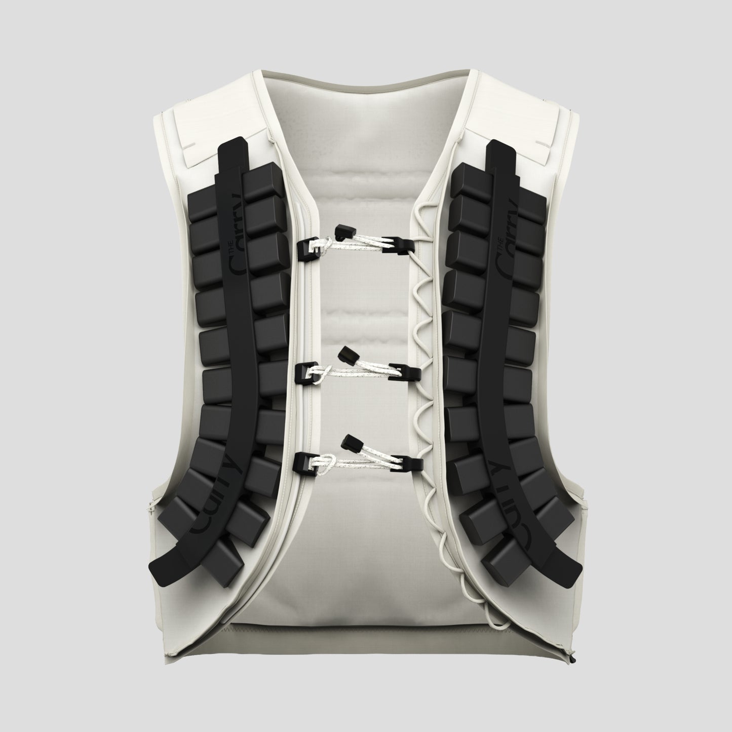 render of The Carry weighted vest in cream, showing the front inside pockets loaded with the adjustable weight system