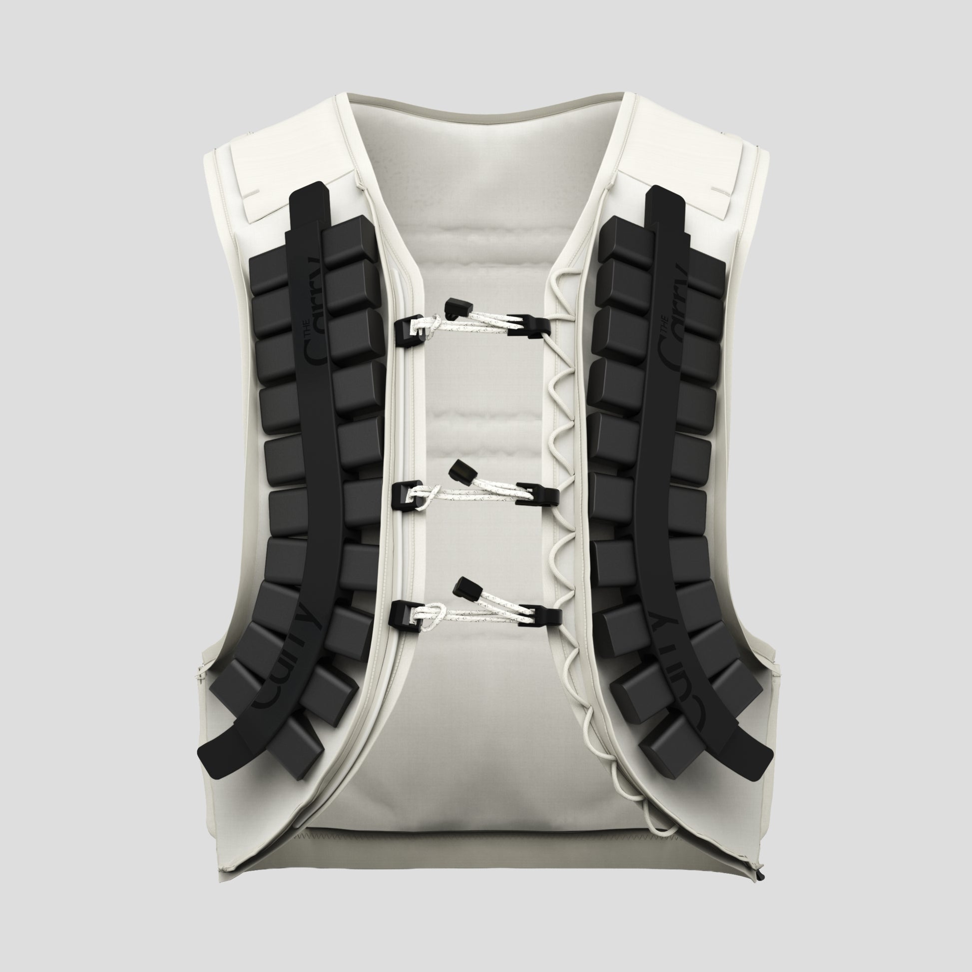 render of The Carry weighted vest in cream, showing the front inside pockets loaded with the adjustable weight system